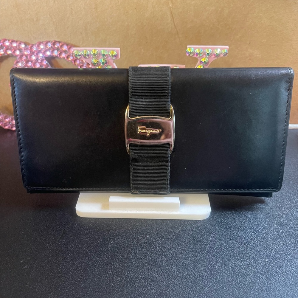 Black Ferragamo Leather Wallet with Bow Accent